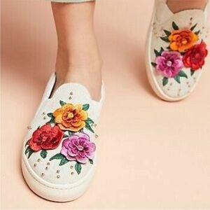 Soludos x Anthropologie | embroidered bahia floral slip on neutral boat shoe 10